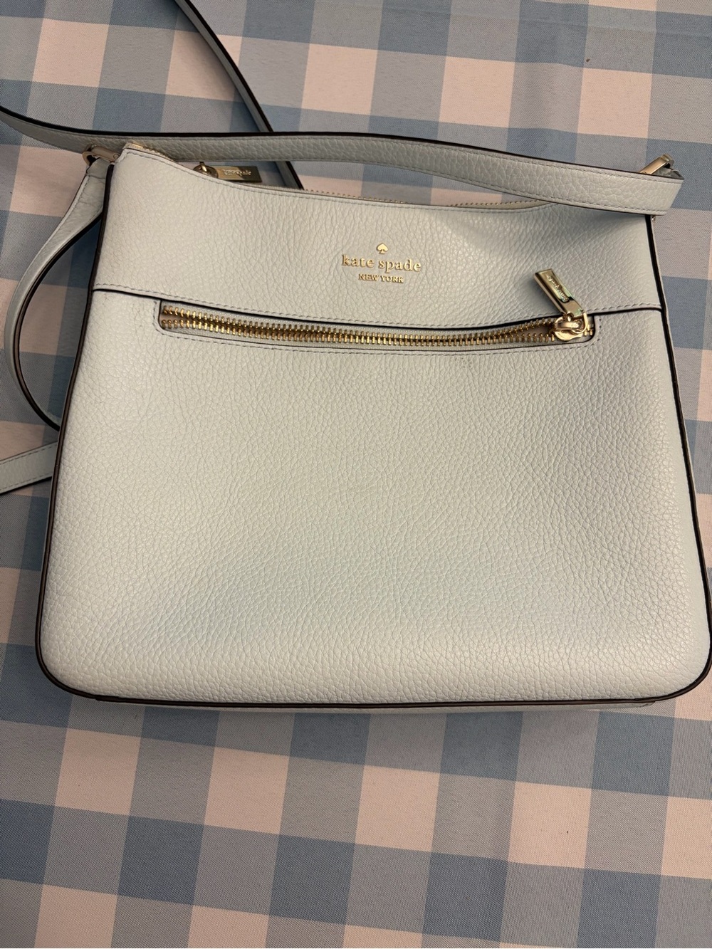 kate spade pale blue Pebbled Leather Crossbody with Gold Hardware.